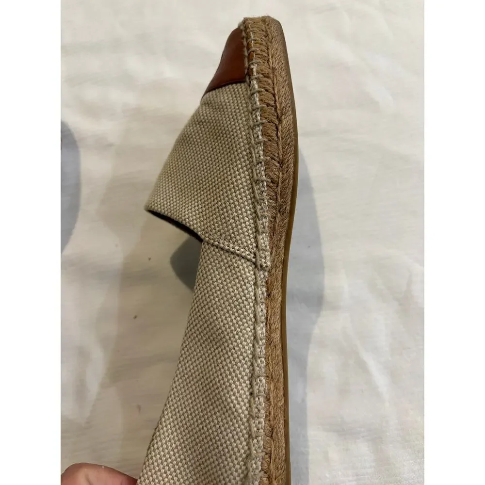 Tory Burch Womens 9 Flat Espadrille Canvas Cream Brown Slip On Leather Cap Toe